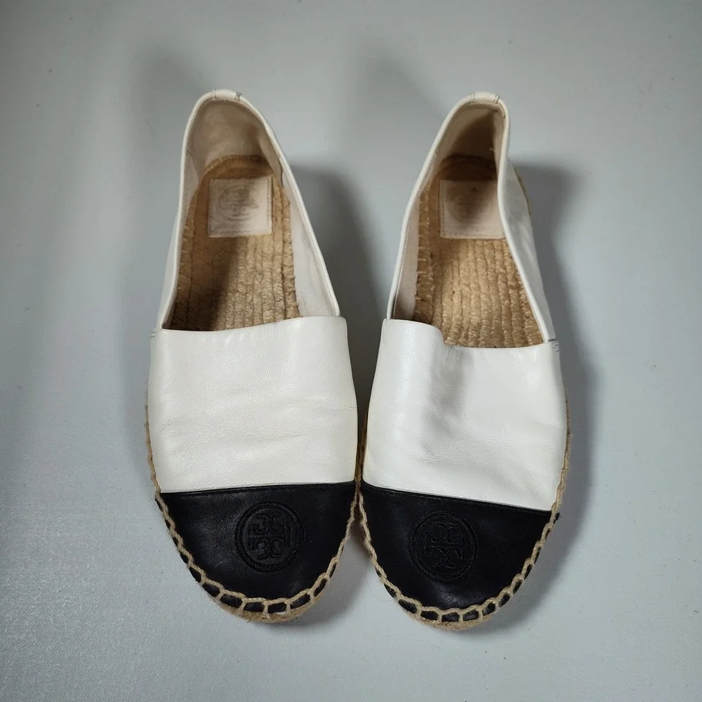 Tory Burch Leather Espadrille Flats Cream Black Logo Cap Toe Slip On Shoes Sz 7